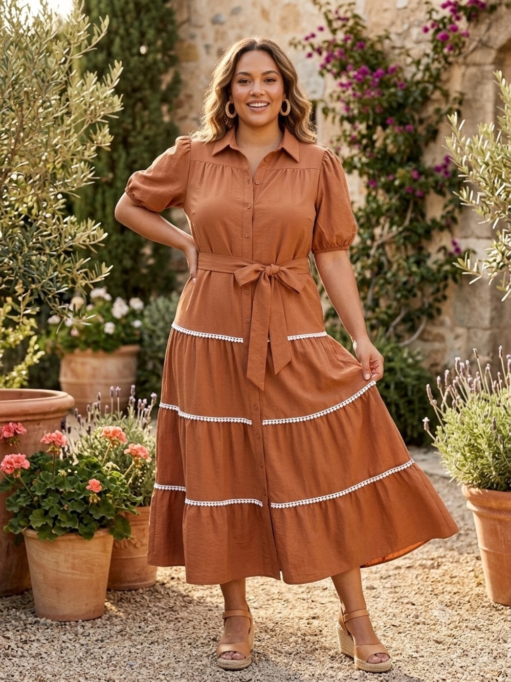 Button-Front Tiered Maxi Dress with Tie Waist — Rust